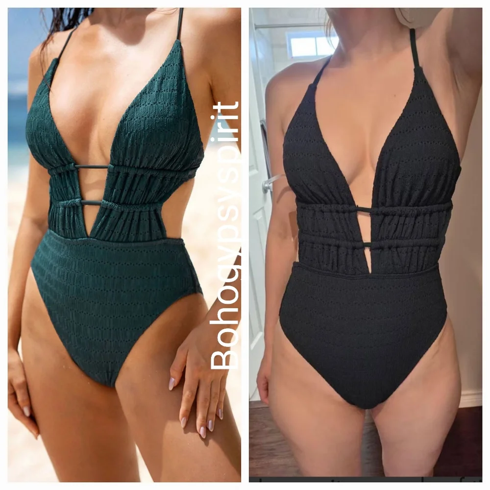 NWT Berlook Dark Green Textured Plunge One-Piece Swimsuit
